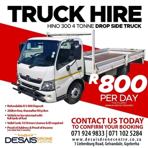 Hino 4 tonne Drop Side Truck available for RENTAL