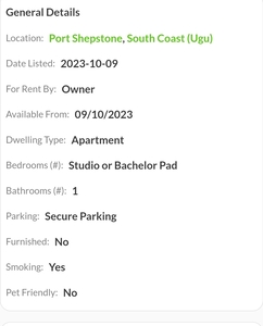 Bachelor flat in Port Shepstone-Oslo beach to rent.